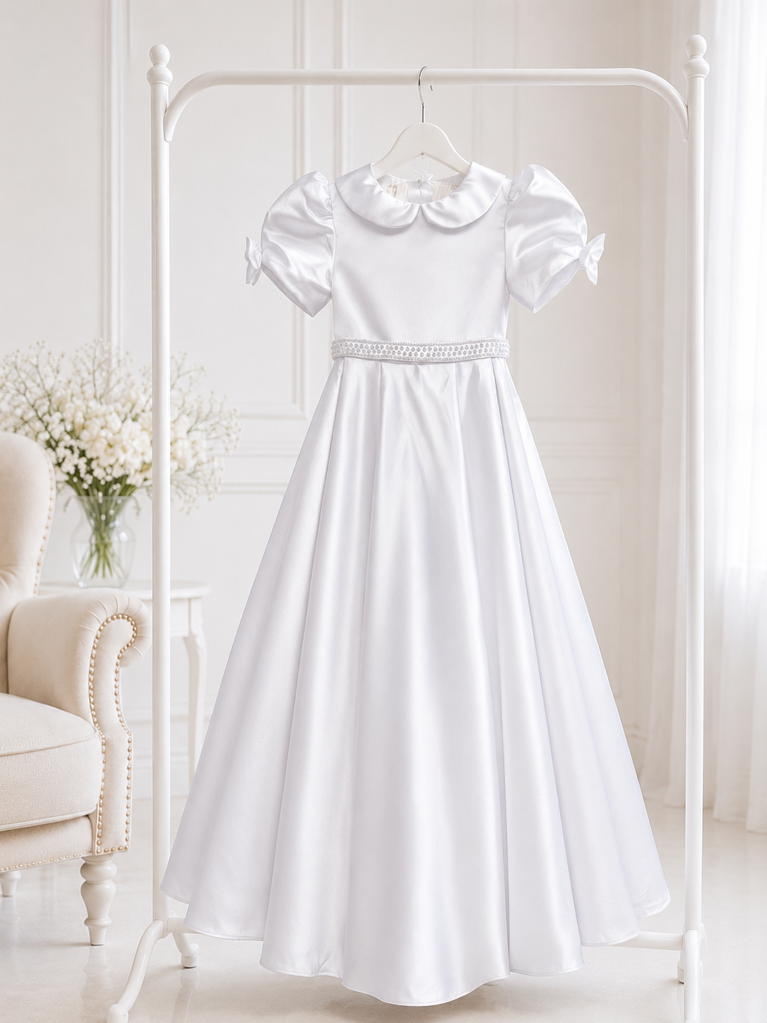 Lucia - Holy Communion Dress Ages 7-11 Years - White Satin & Pearl Trim