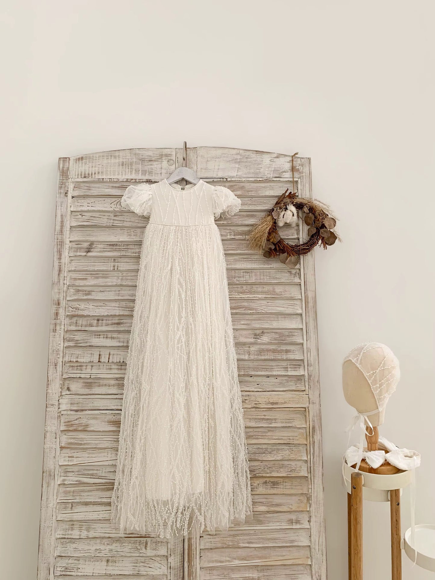 PREMIUM - Aria - Traditional 4 Piece Christening Set - Pearl Embellishment Dress, Bonnet, Shoes & Headband