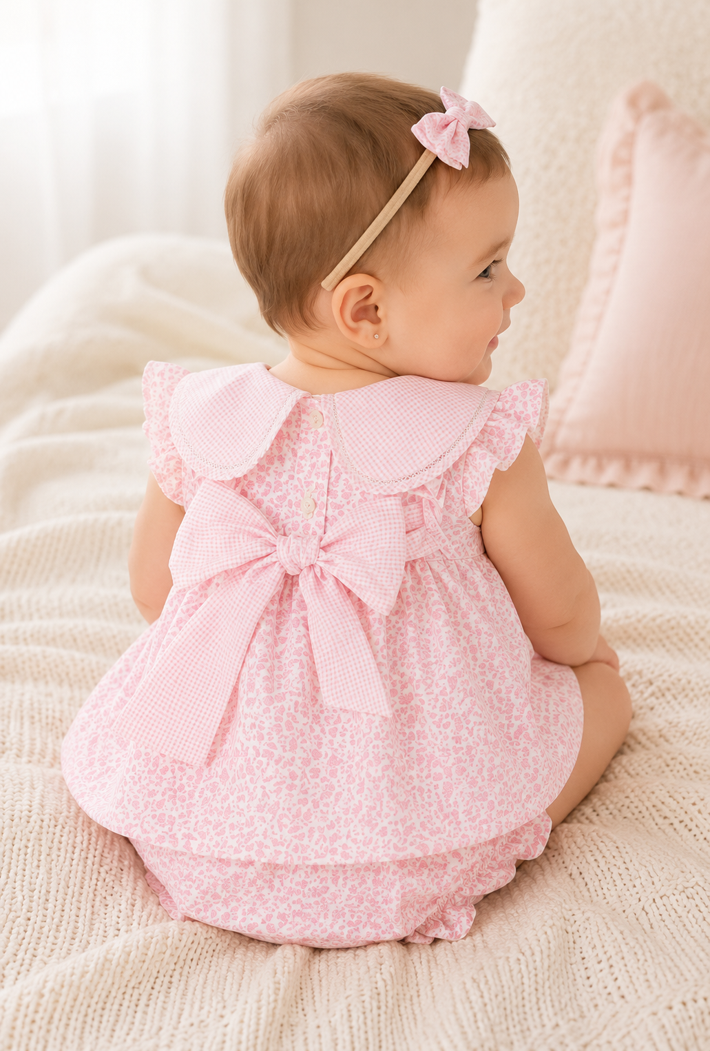 Spanish Style Pink Floral Baby Romper Dress with Peter Pan Collar & Bloomers