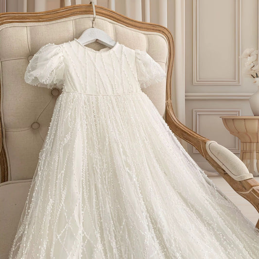 PREMIUM - Aria - Traditional 4 Piece Christening Set - Pearl Embellishment Dress, Bonnet, Shoes & Headband