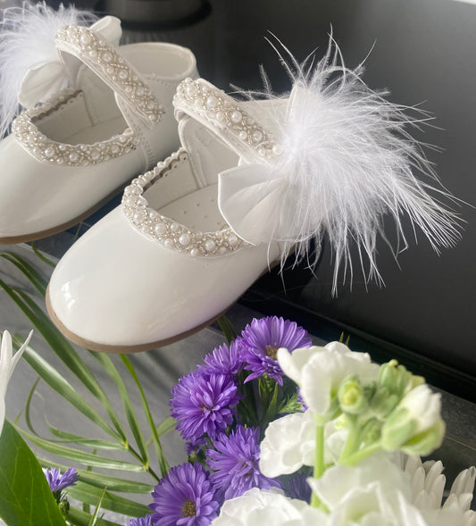 Christening/Bridesmaid/Flower Girl White Patent Crystal Pearl & Marabou Feather Embellishment