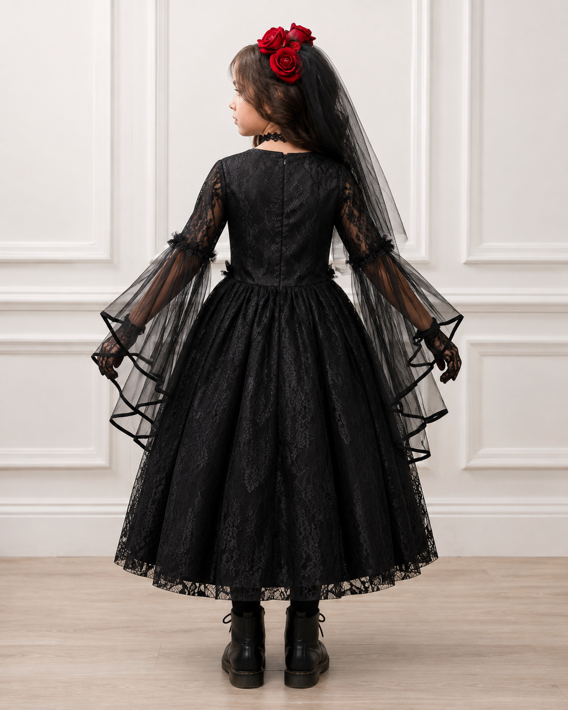 Girls Gothic Black Lace Dress, Halloween Witch Costume, Black Gothic Princess Dress, Spooky Party Outfit