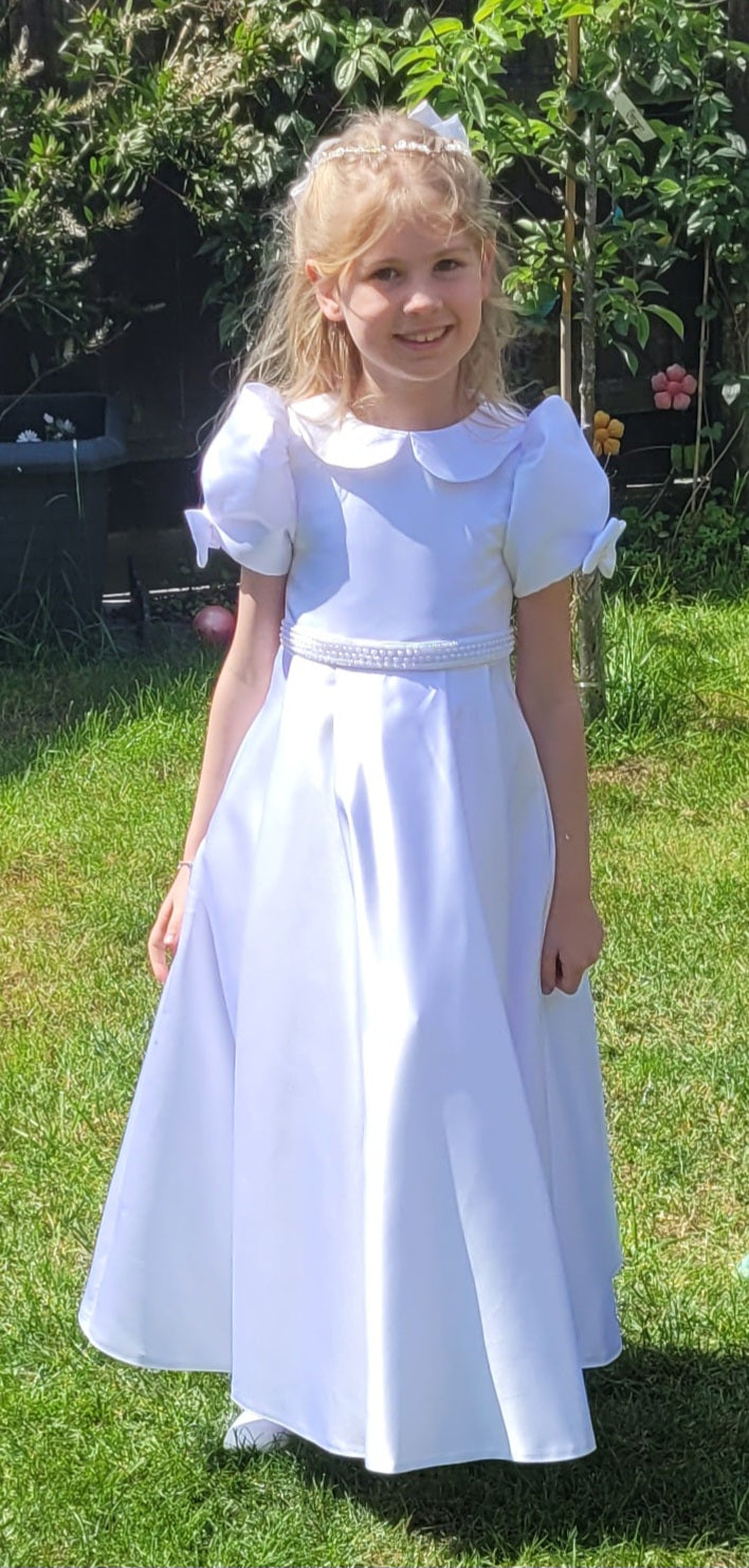 Lucia - Holy Communion Dress Ages 7-11 Years - White Satin & Pearl Trim