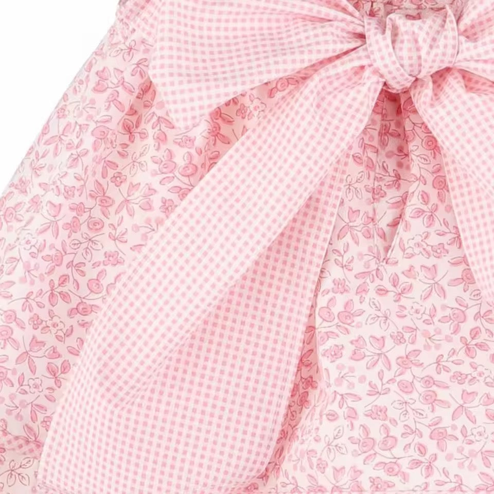 Spanish Style Pink Floral Baby Romper Dress with Peter Pan Collar & Bloomers