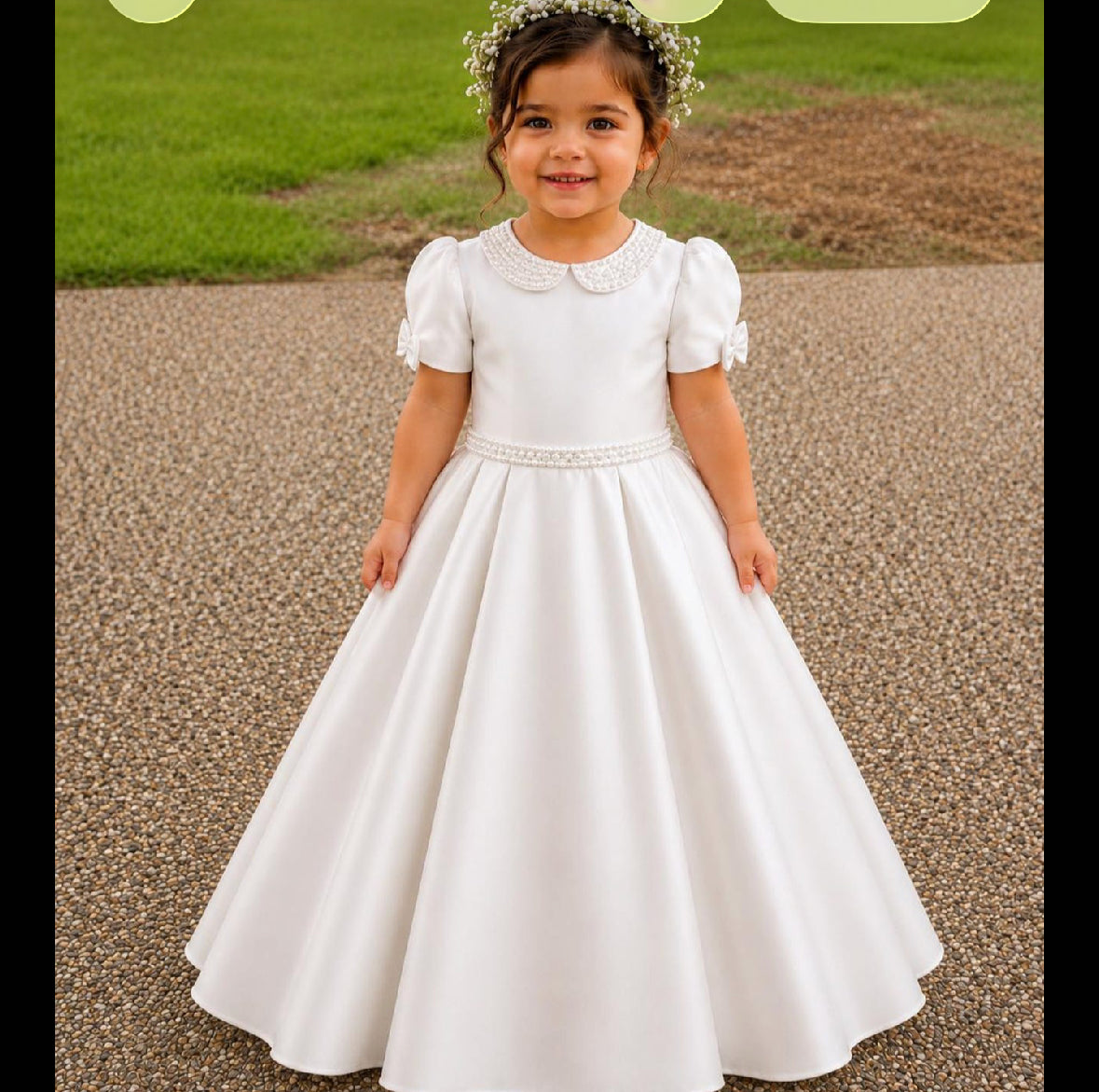 Lucia - Holy Communion/Flower Girl Dress Ages 1 -12 Years - White Satin & Pearl Trim