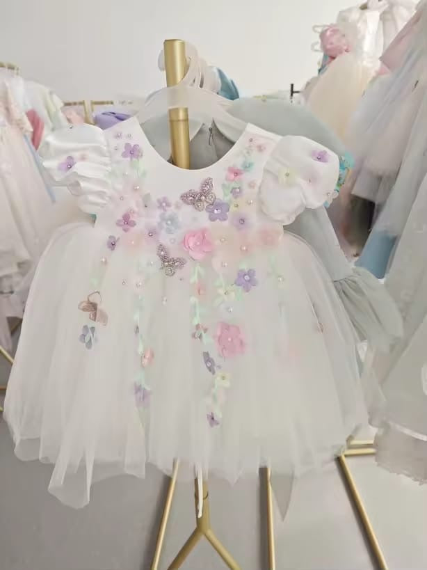 Girls Pastel Floral Butterfly Dress | Flower Girl Wedding Dress | Princess Party Dress