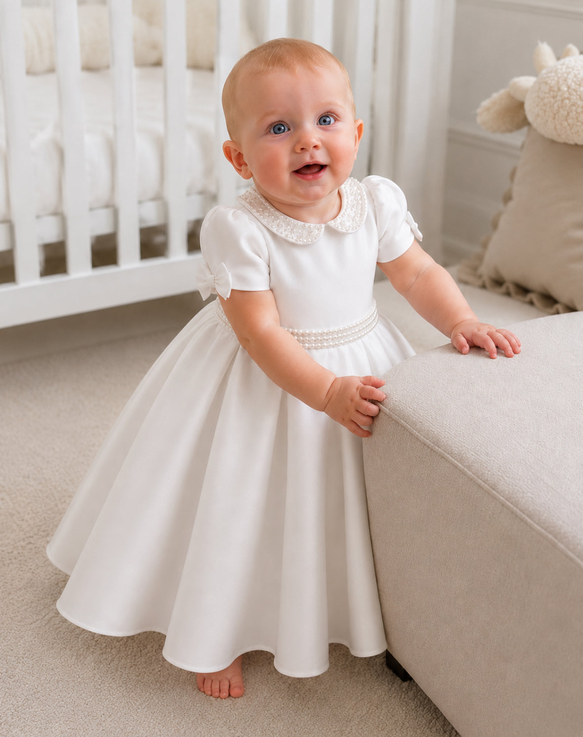 Lucia - Holy Communion/Flower Girl Dress Ages 1 -12 Years - White Satin & Pearl Trim