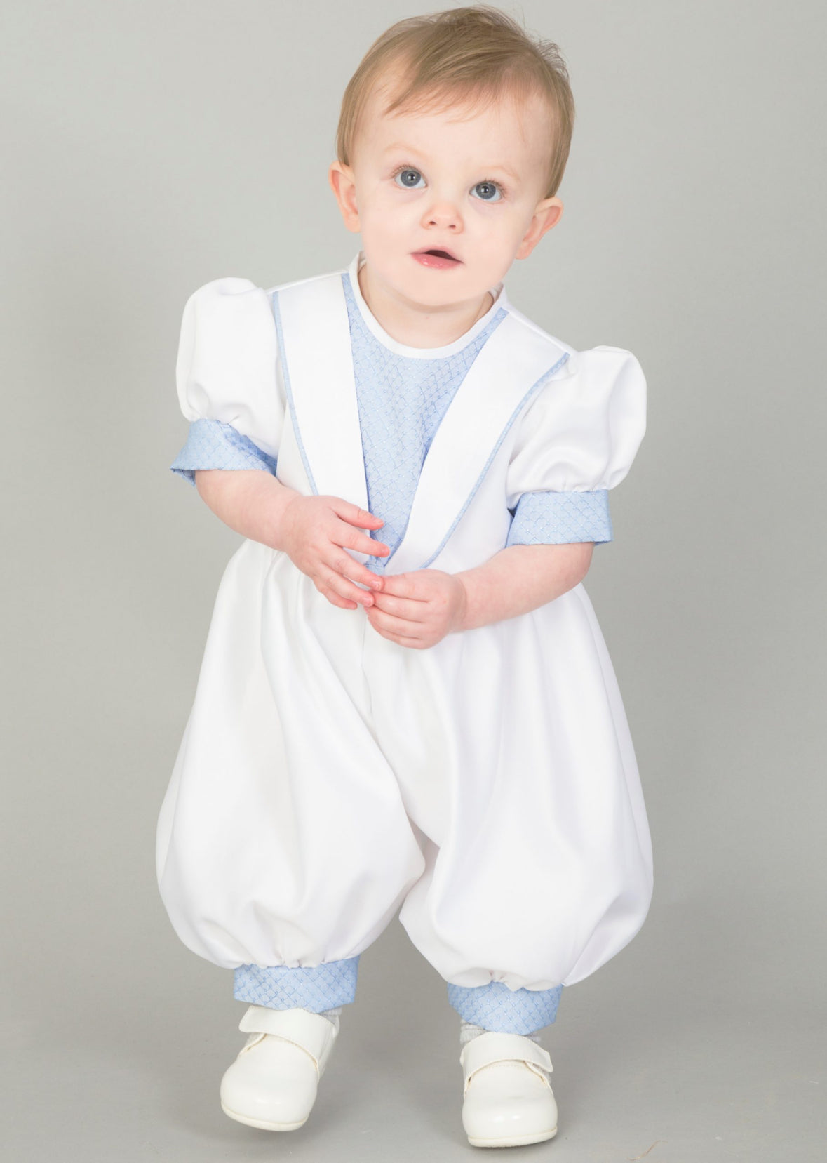 Baby Boys Christening Romper - White & Blue