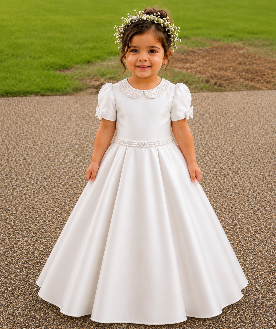 Lucia - Holy Communion/Flower Girl Dress Ages 1 -12 Years - White Satin & Pearl Trim