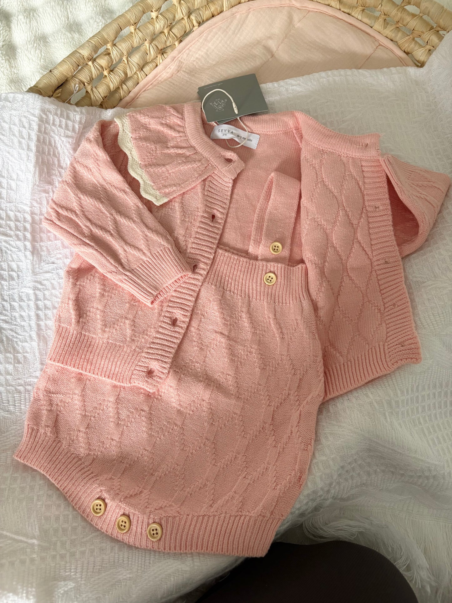 Pink Two-Piece Knitted Romper Set for Baby Girls