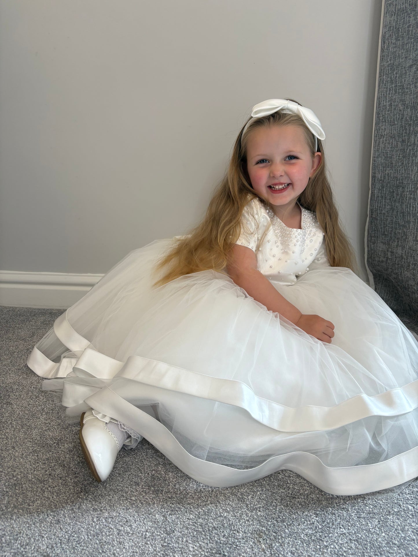 PREMIUM COLLECTION - Beatrice Handmade Luxury Ivory Tulle, Satin and Pearl Dress  - Girls Pearl Accent Christening/Flower Girl Dress  * Immediate Despatch *