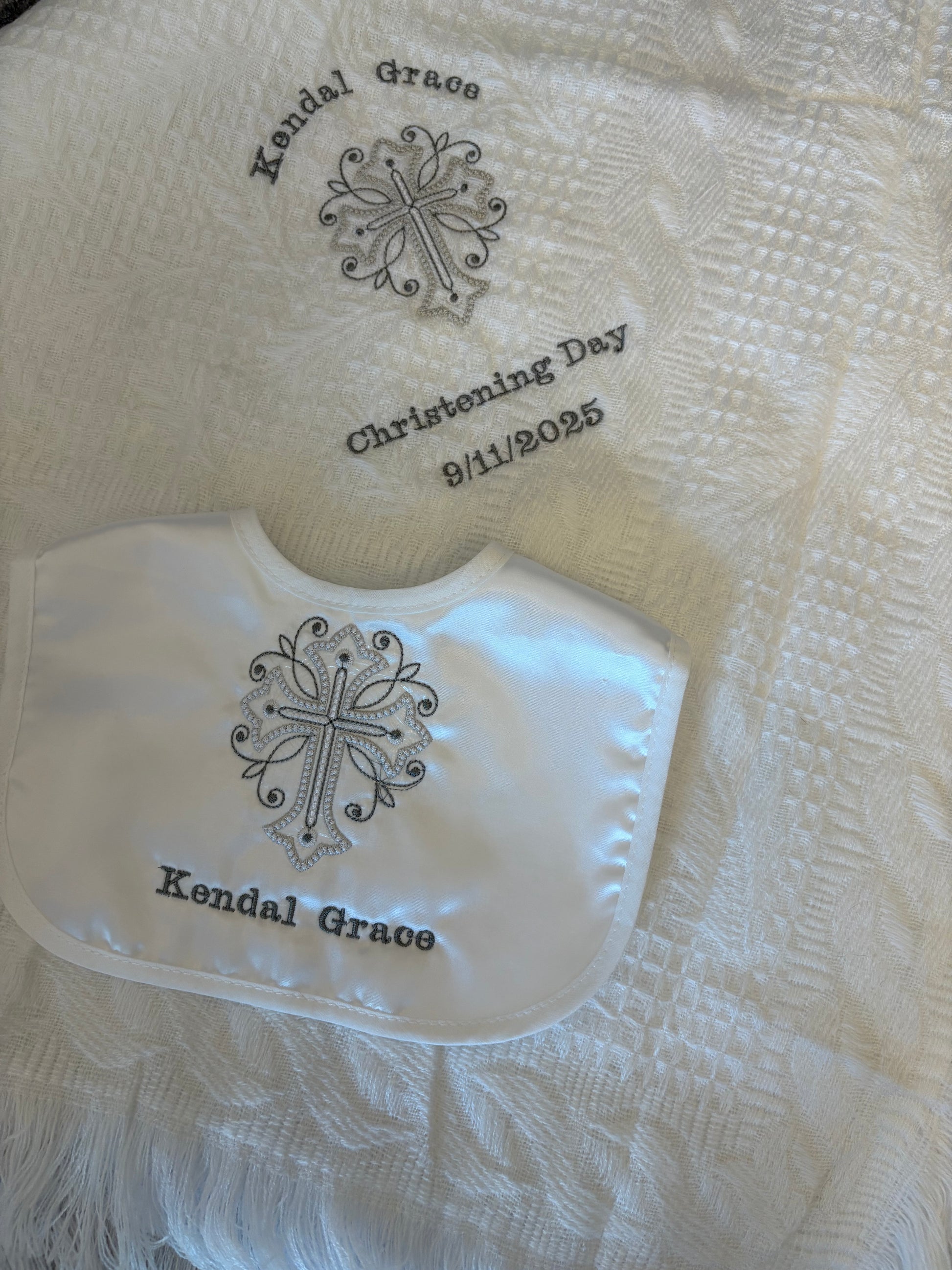 White Satin Embroidered Bib and Matching Christening Shawl