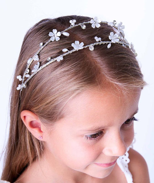 Girls Silver Double Headband - Floral Tiara Style with Pearls & Crystals