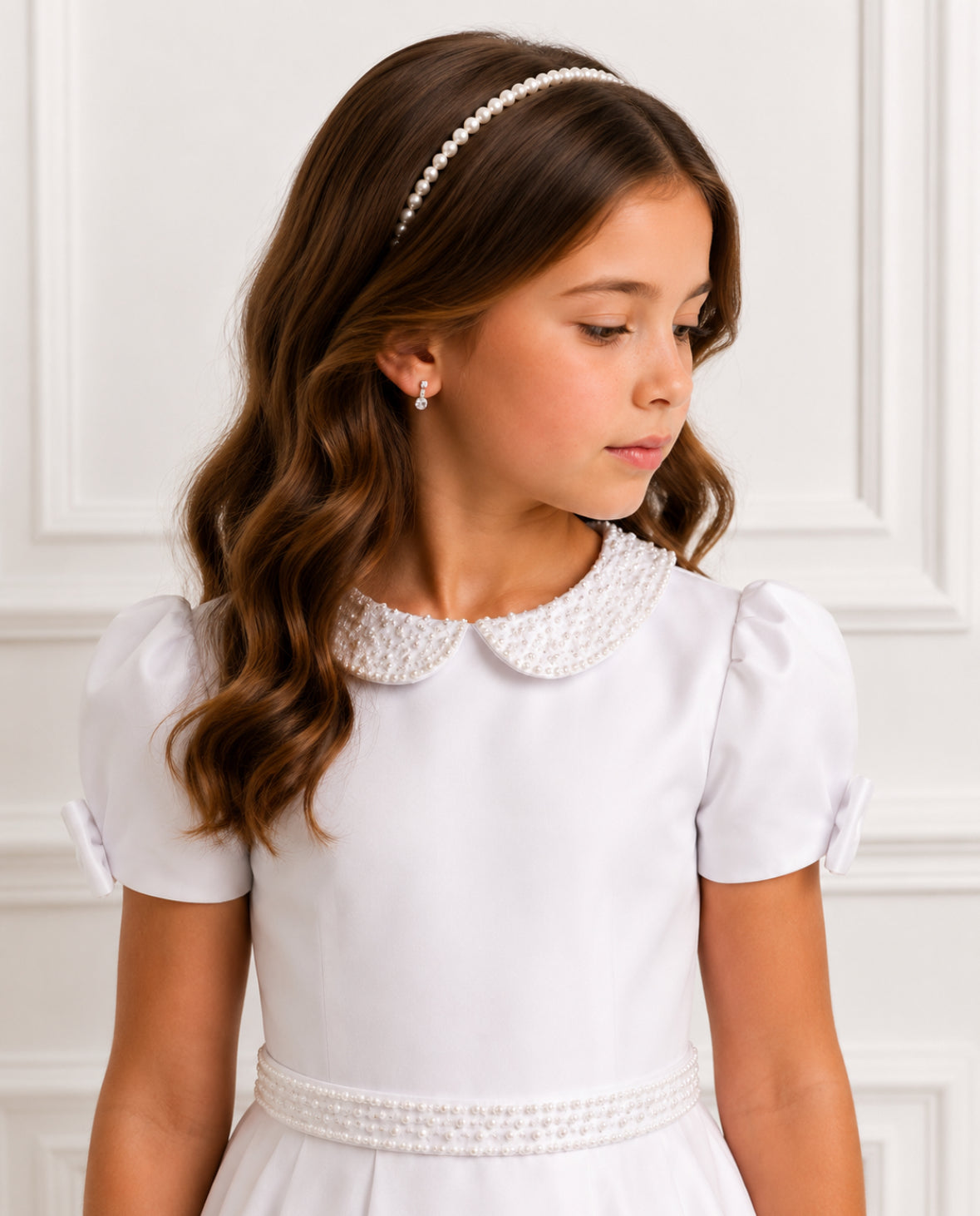 Lucia - Holy Communion/Flower Girl Dress Ages 1 -12 Years - White Satin & Pearl Trim