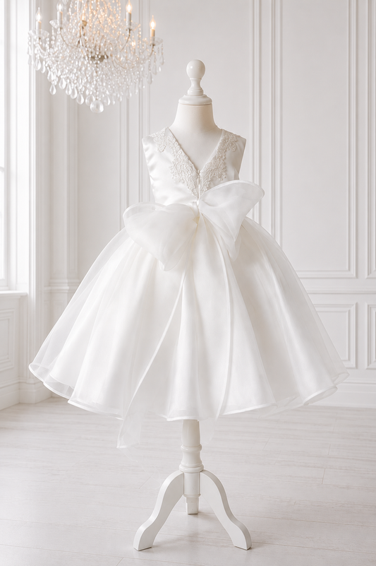 Amelia - PREMIUM COLLECTION Girls Ivory/Crystal Embellished Christening/Flower Girl Dress & Soft Elastic lace matching headband.