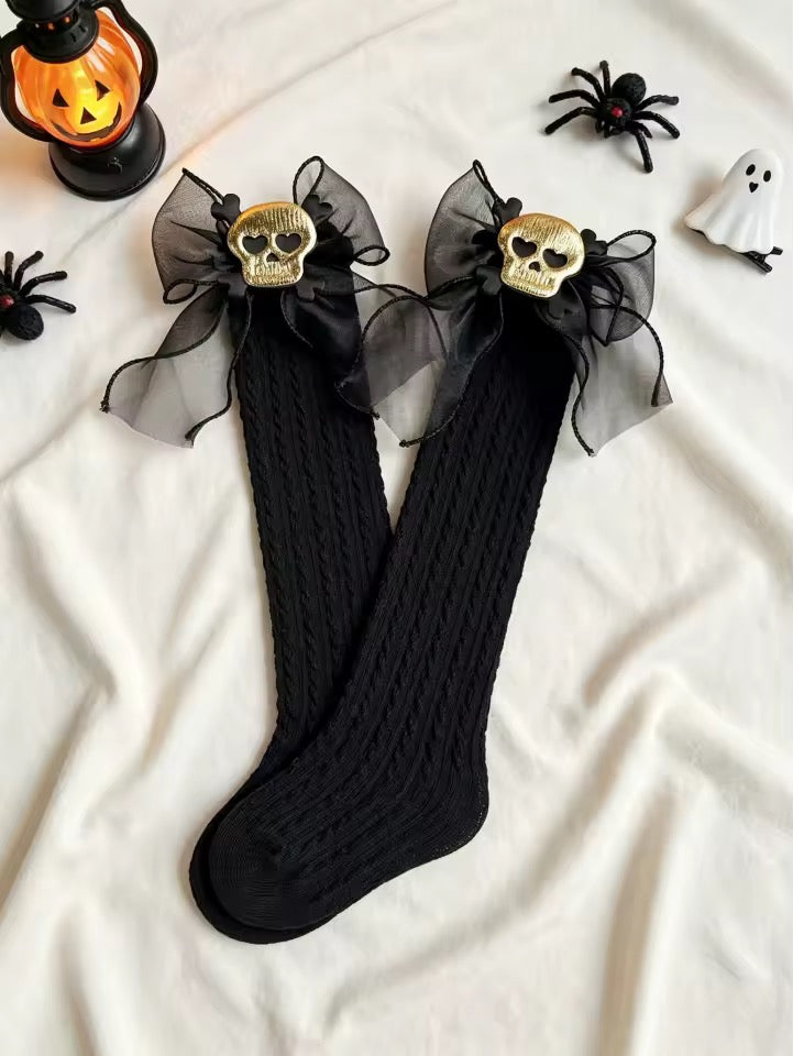 Wednesday Addams Inspired GirlsHalloween Dress, Lace Gloves & Skull Socks