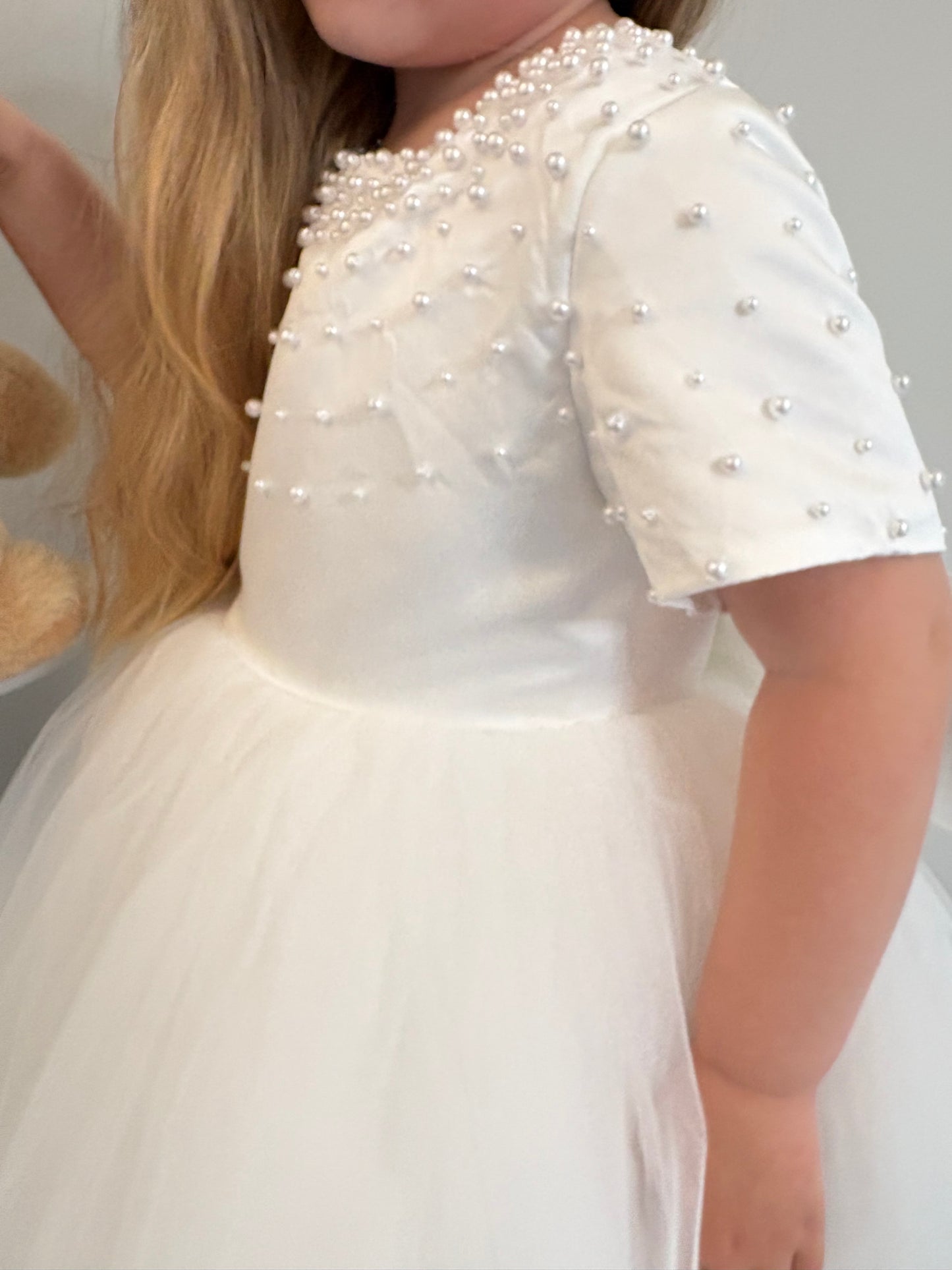 PREMIUM COLLECTION - Beatrice Handmade Luxury Ivory Tulle, Satin and Pearl Dress  - Girls Pearl Accent Christening/Flower Girl Dress  * Immediate Despatch *