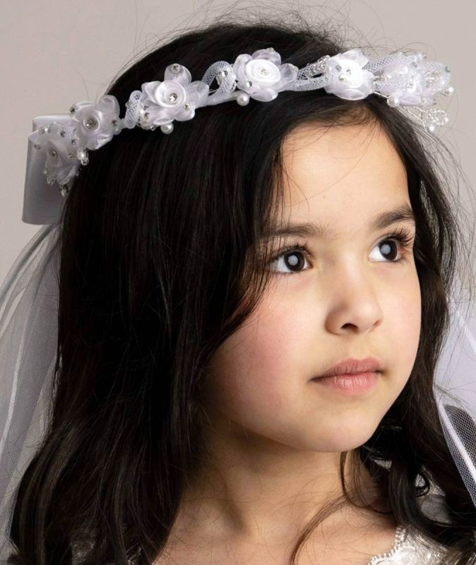 Girls White Floral Tiara & Bow Veil