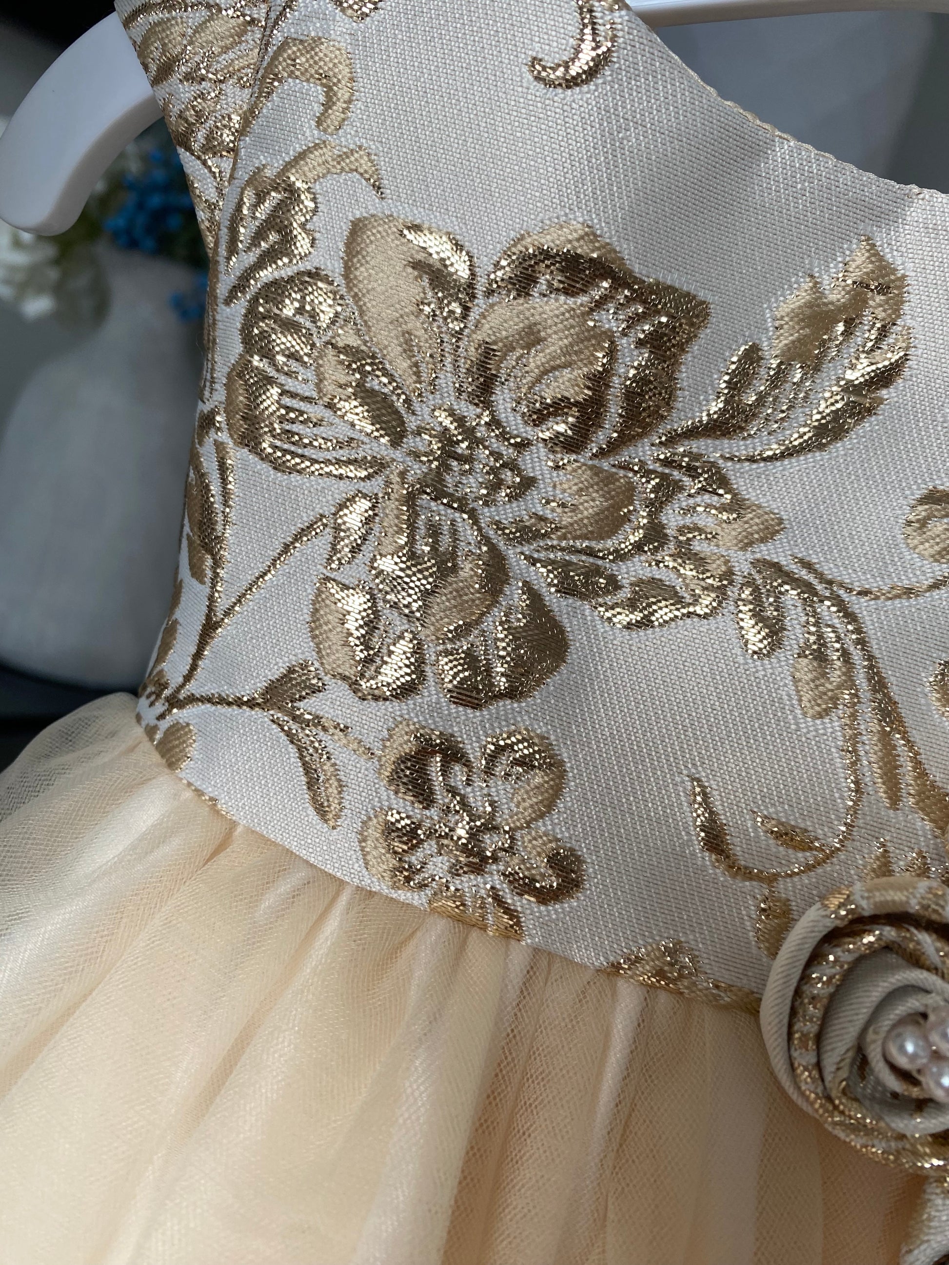 Baby Girls Champagne/Gold Brocade and Tulle Dress Little Posh Dress Shop Baby Girls Champagne/Gold Brocade and Tulle Dress Little Posh Dress Shop