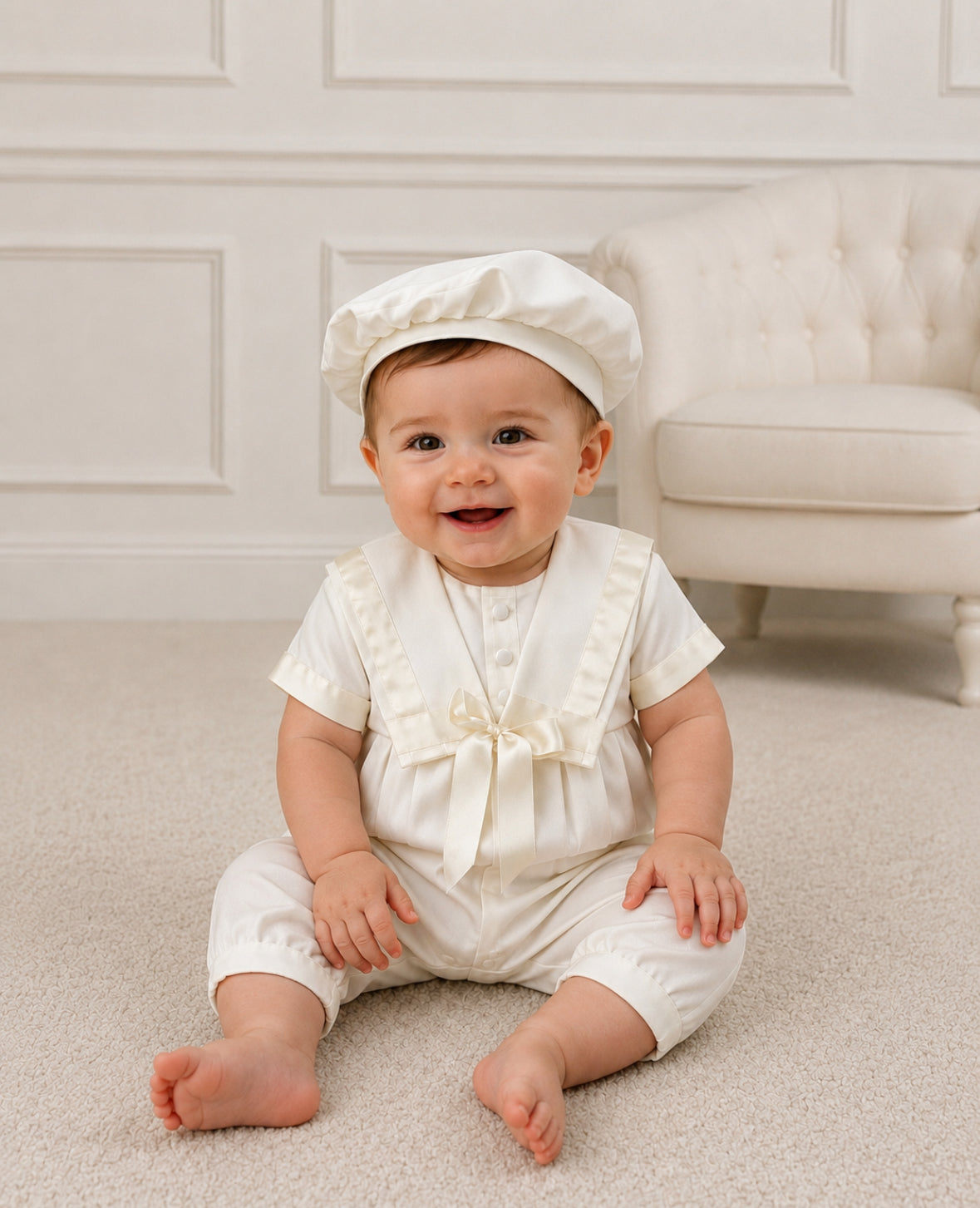 Baby Boys Christening - 2 Piece Romper & Hat White or Ivory