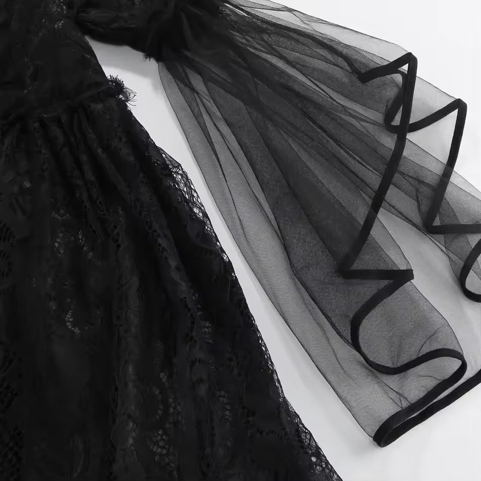Girls Gothic Black Lace Dress, Halloween Witch Costume, Black Gothic Princess Dress, Spooky Party Outfit