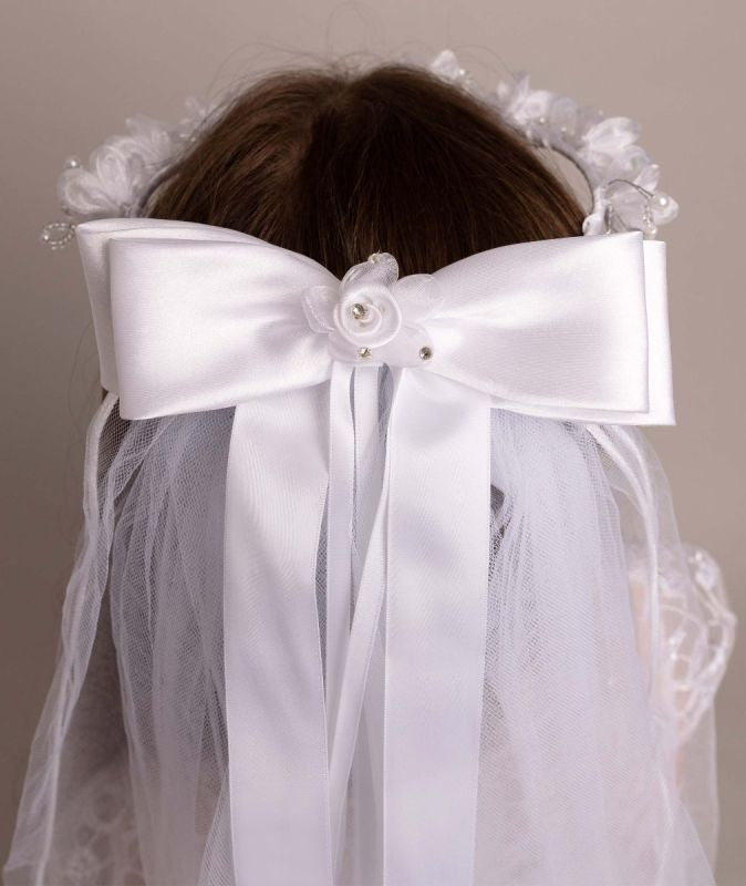 Girls White Floral Tiara & Bow Veil