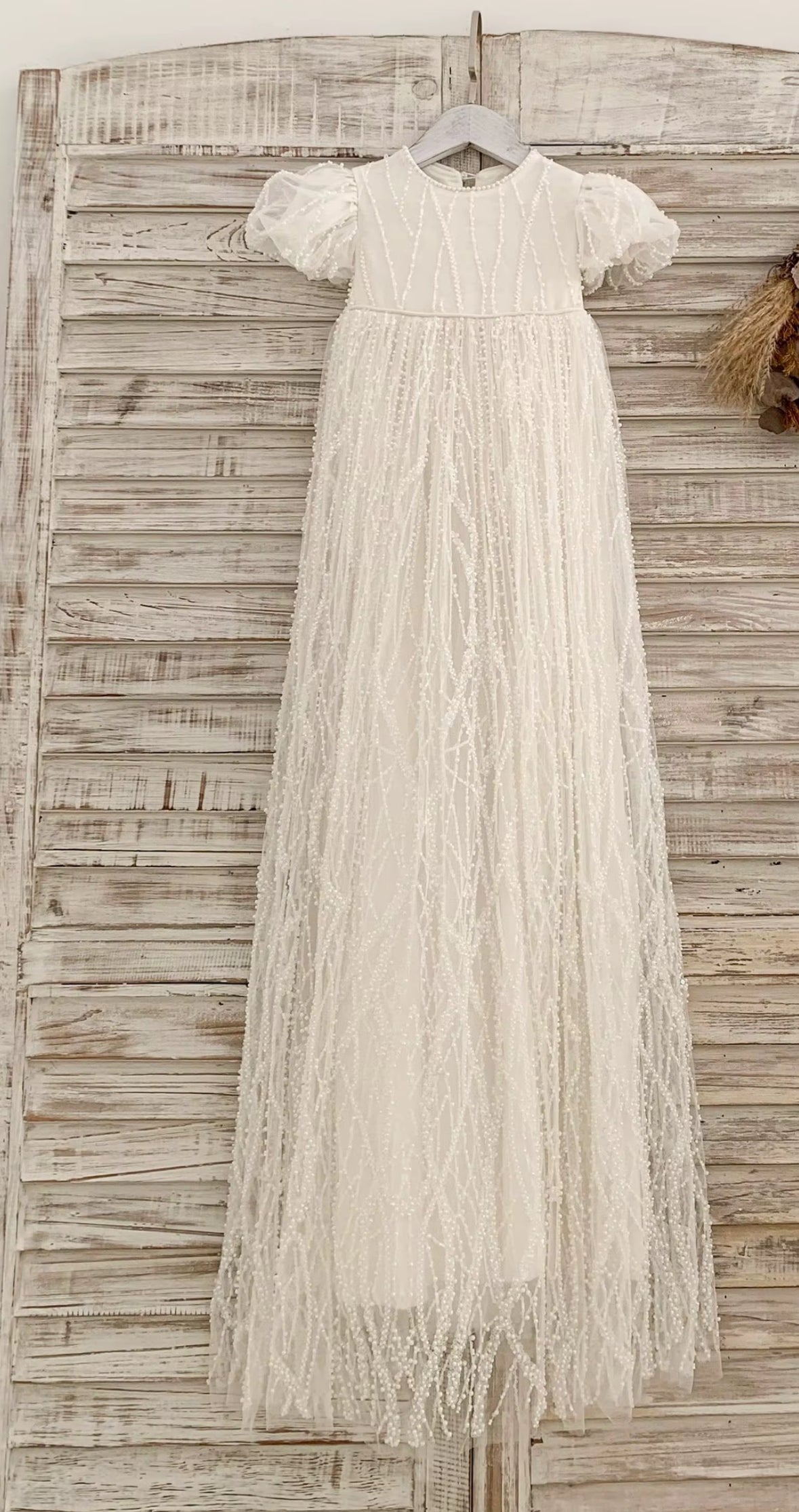 PREMIUM - Aria - Traditional 4 Piece Christening Set - Pearl Embellishment Dress, Bonnet, Shoes & Headband