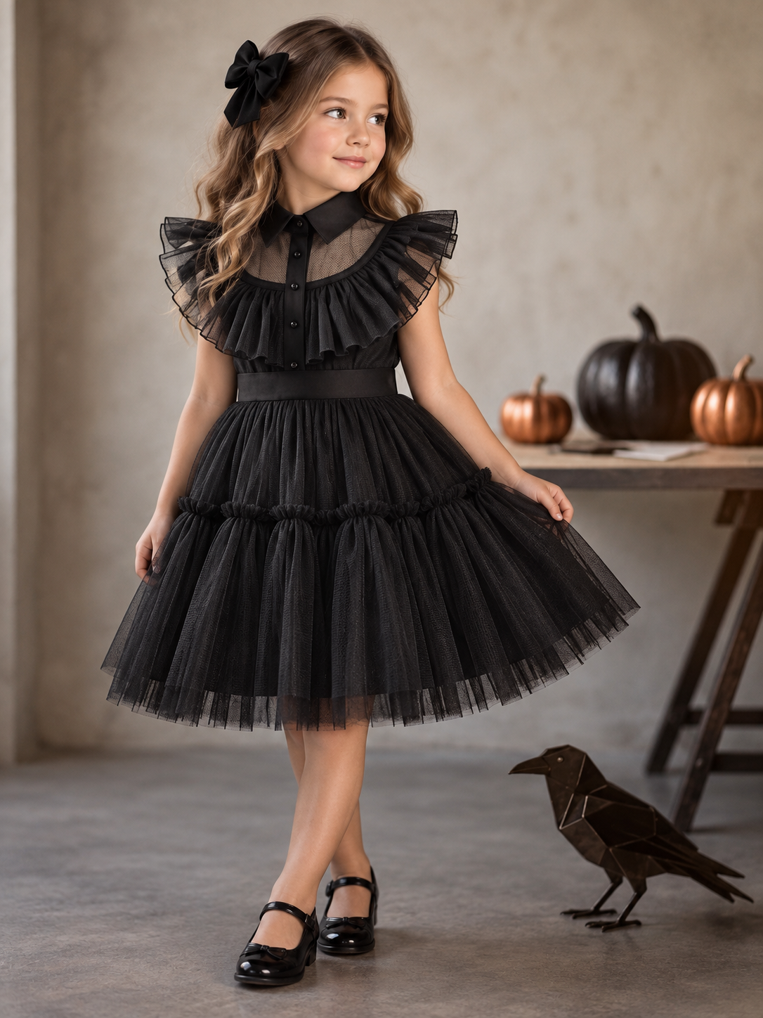 Wednesday Addams Inspired GirlsHalloween Dress, Lace Gloves & Skull Socks