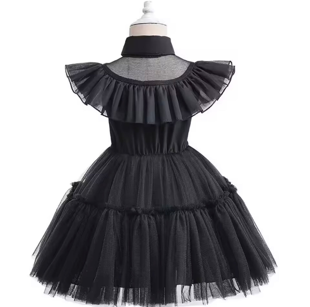 Wednesday Addams Inspired GirlsHalloween Dress, Lace Gloves & Skull Socks