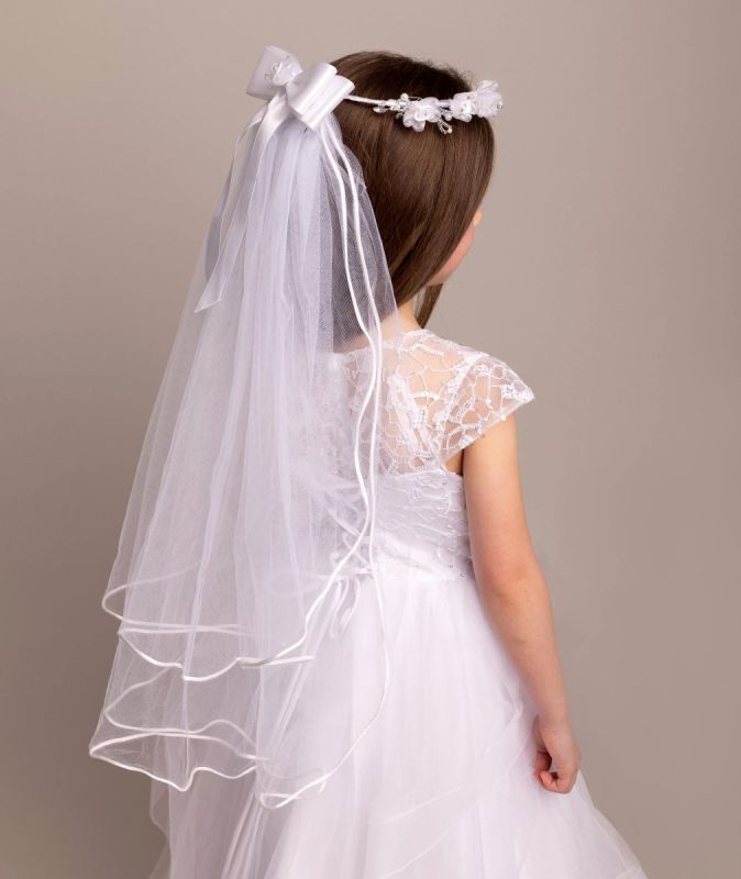 Girls White Floral Tiara & Bow Veil