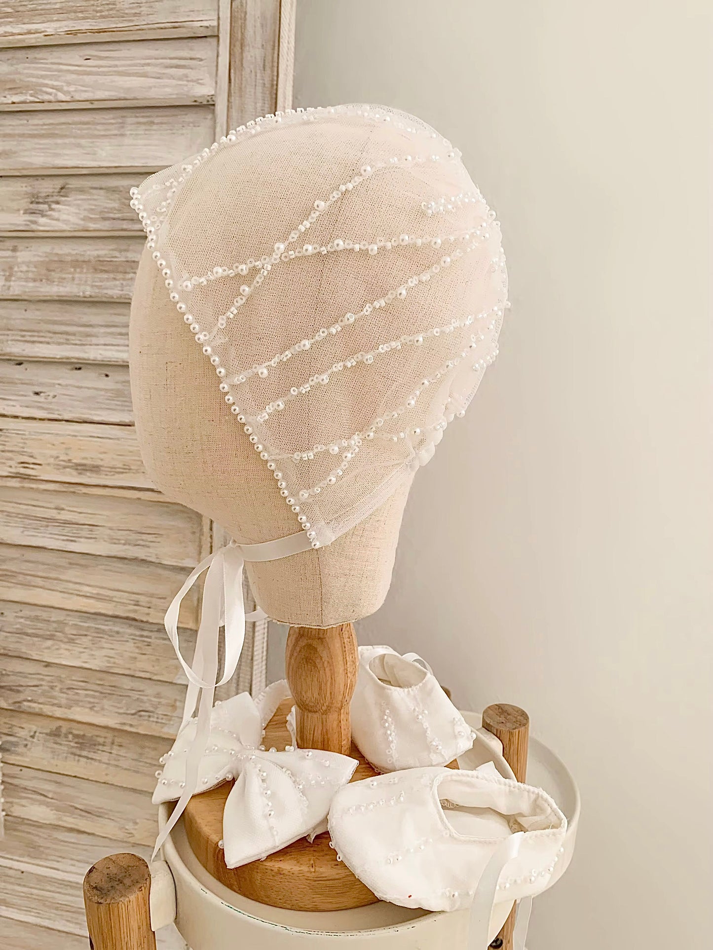 PREMIUM - Aria - Traditional 4 Piece Christening Set - Pearl Embellishment Dress, Bonnet, Shoes & Headband