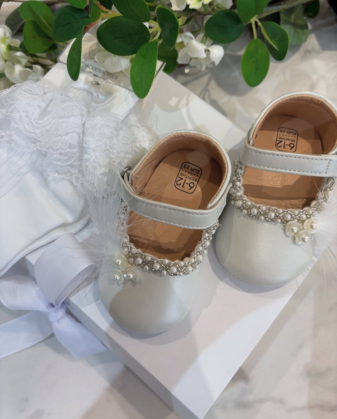Luxury Pearl & Feather Baby Shoes – White