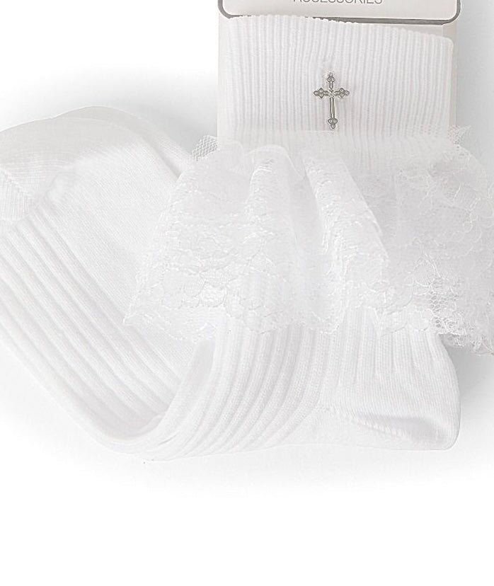 Girls Lace Holy Communion Christening/Special Occasion Socks with Cross Charm