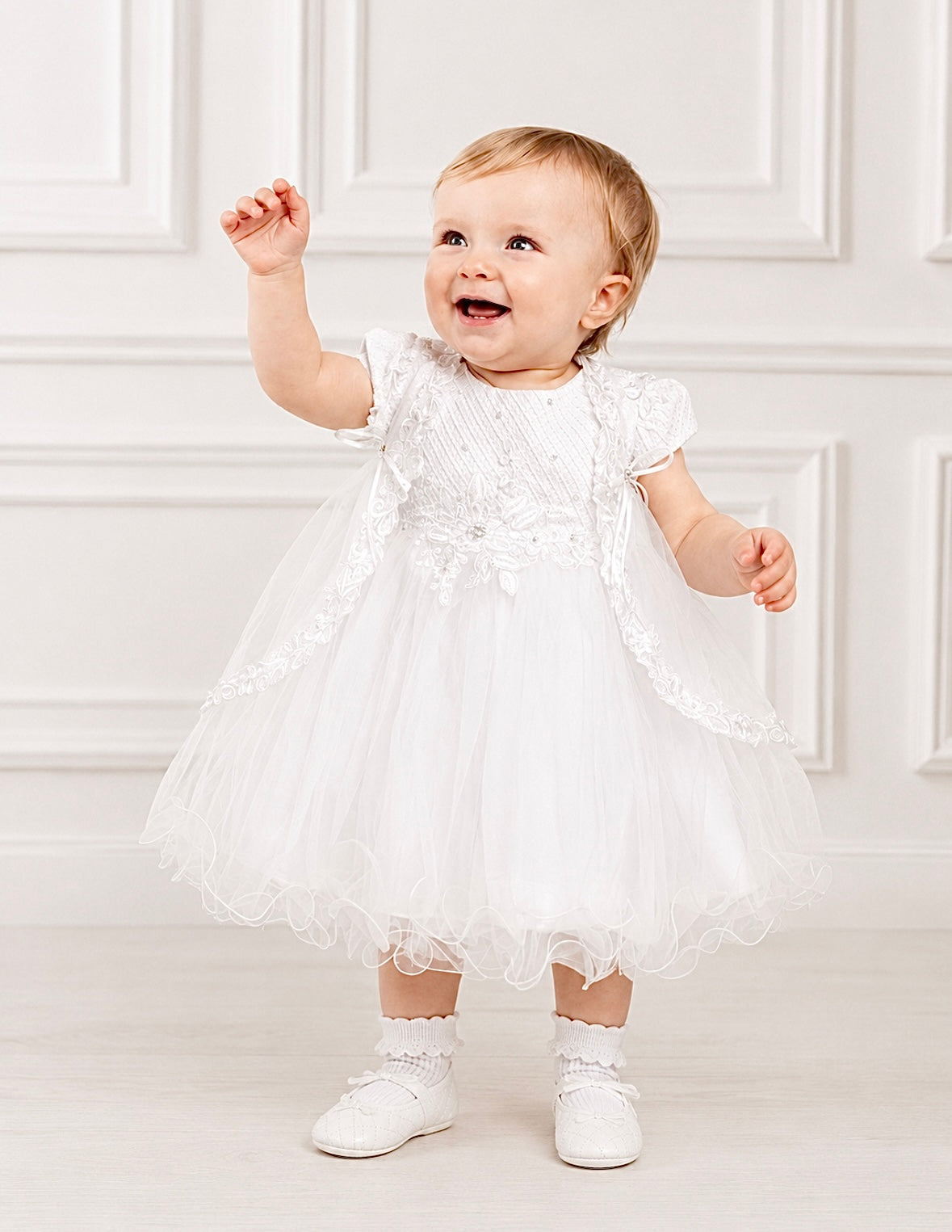 April - 2 Piece Baby Girls White Christening Dress & Sleeveless Jacket