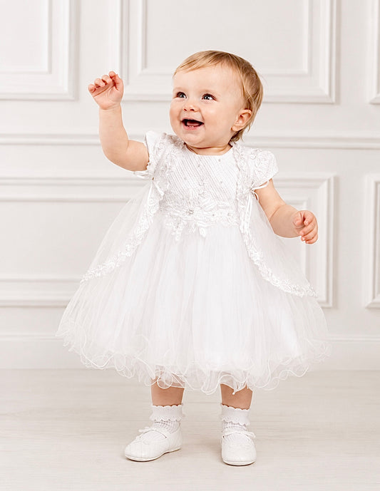 April - 2 Piece Baby Girls White Christening Dress & Sleeveless Jacket