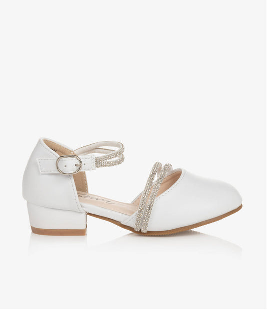 Girls White Rhinestone Straps Low Heel Shoes