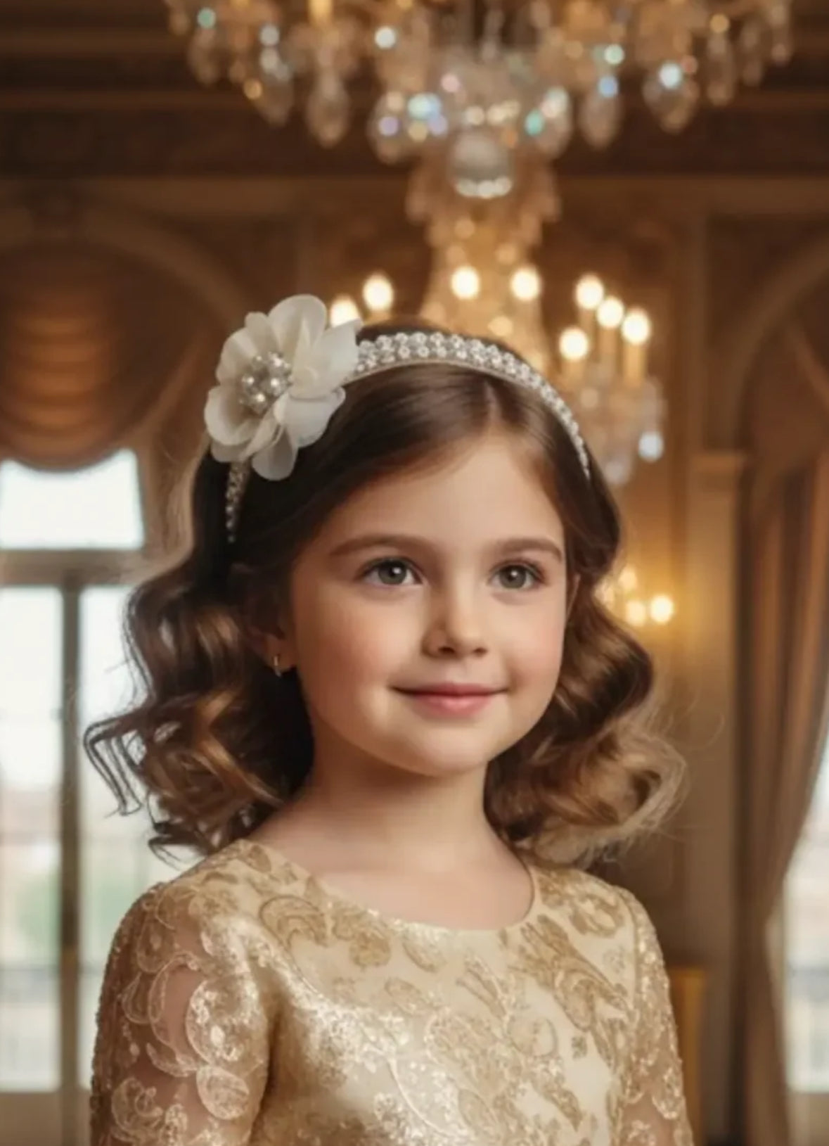 Luxury Ivory Flower Diamante & Faux Pearl Elastic Headband | Baby Christening, Flower Girl & Holy Communion Hair Accessory