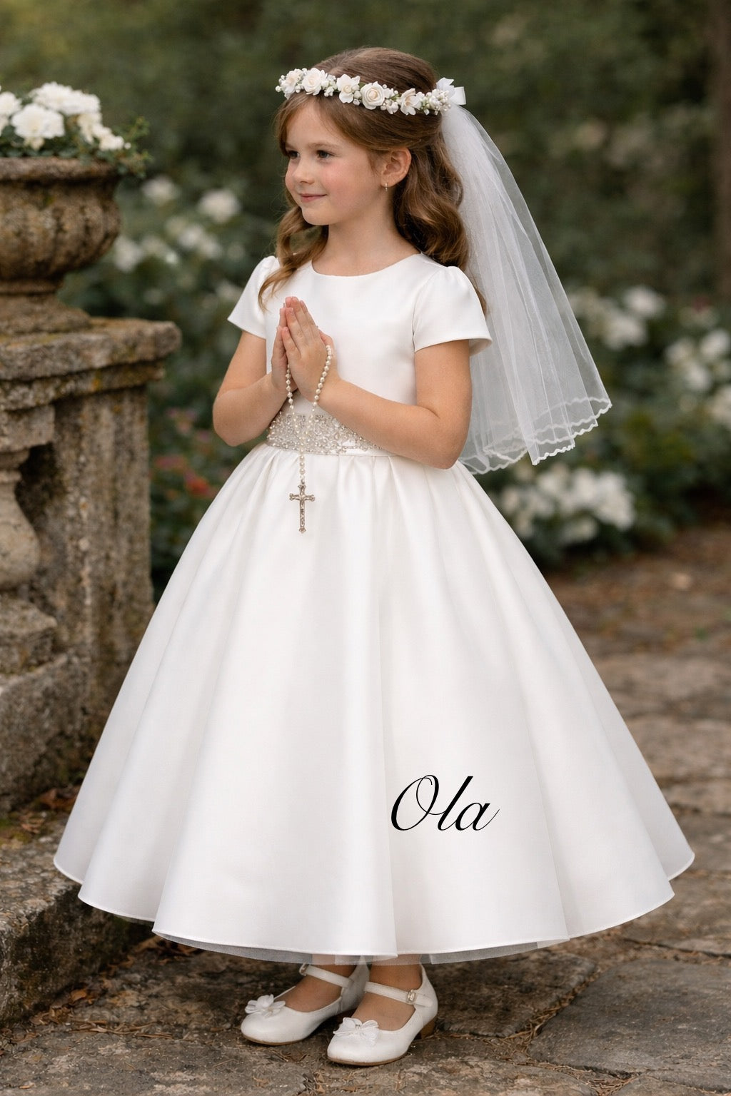 HAND MADE to Order - Holy Communion Dress Ages 7-11 Years - White Satin & Pearl Trim