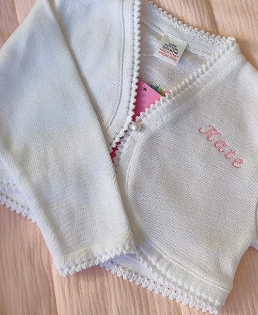 Girls Personalised White Cardigan/Bolero with Pearl Button
