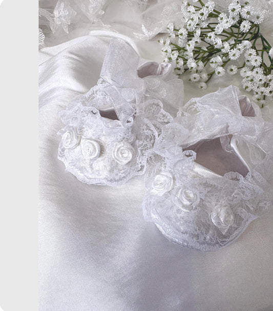 Christening Shoes - Dupion Silk Effect with rosebuds, pearl and lace detail