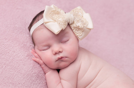 Oversized Bow with Gold Lace and Pearls in Ivory