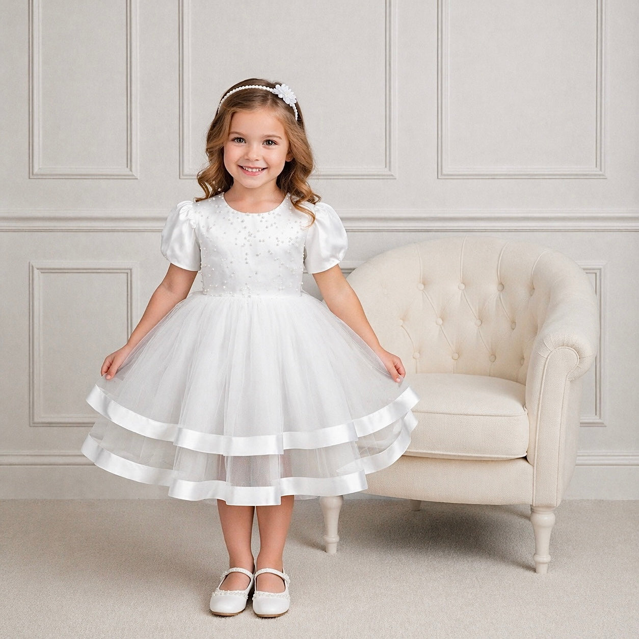 PREMIUM COLLECTION - Beatrice Handmade Luxury Ivory Tulle, Satin and Pearl Dress  - Girls Pearl Accent Christening/Flower Girl Dress  * Immediate Despatch *