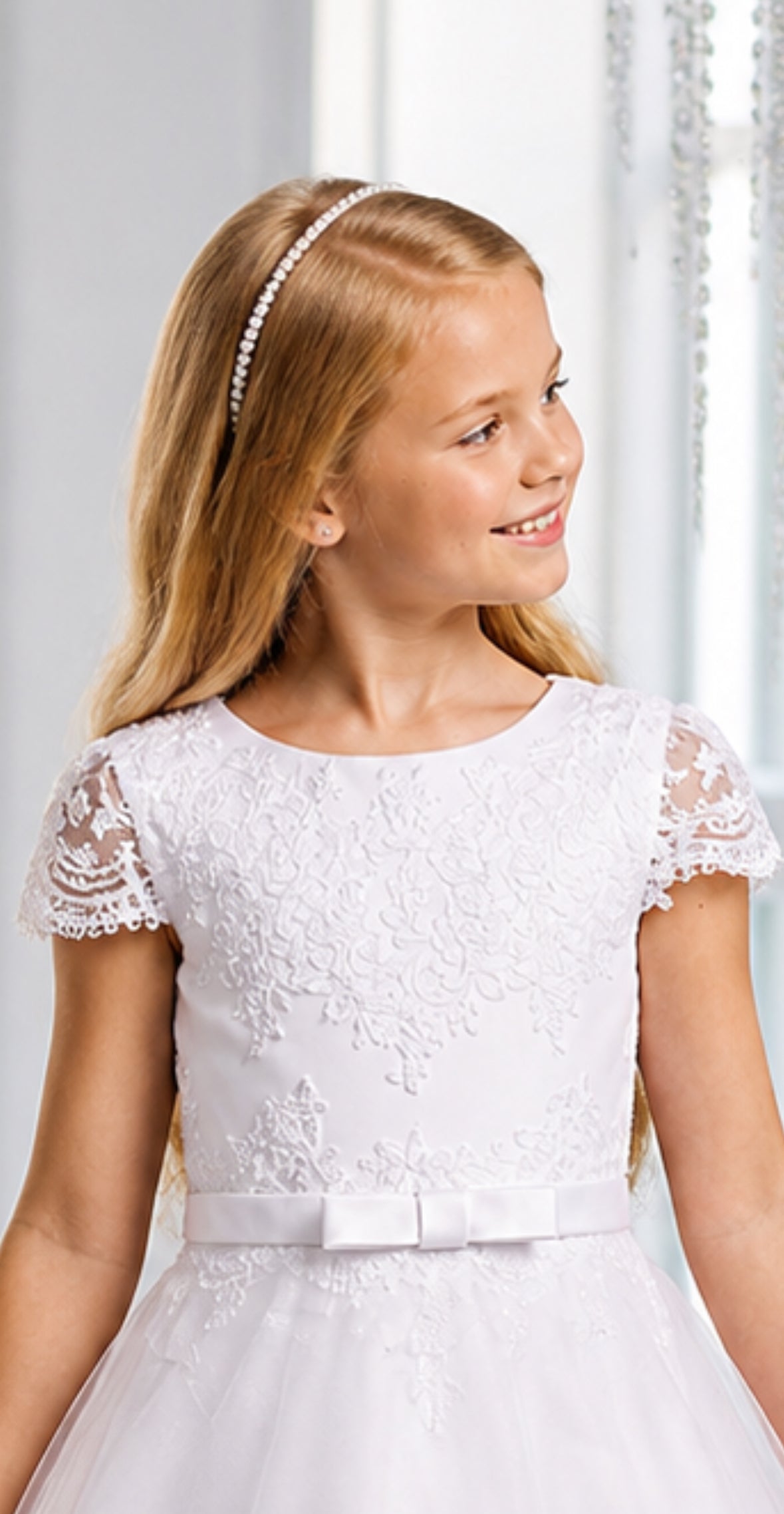 Amara Dress - Holy Communion Dress Ages 7 -11 Years - White Satin & Lace Appliqué Bodice