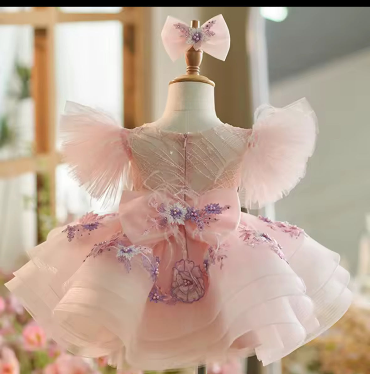 Girls Rose Pink Sequin Detail Organza Dress