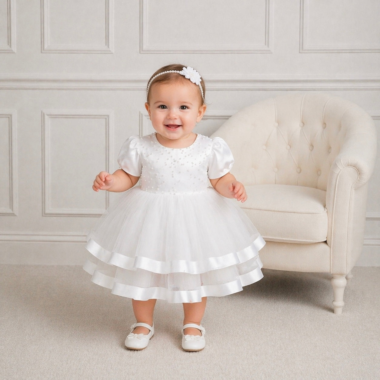 PREMIUM COLLECTION - Beatrice Handmade Luxury Ivory Tulle, Satin and Pearl Dress  - Girls Pearl Accent Christening/Flower Girl Dress  * Immediate Despatch *
