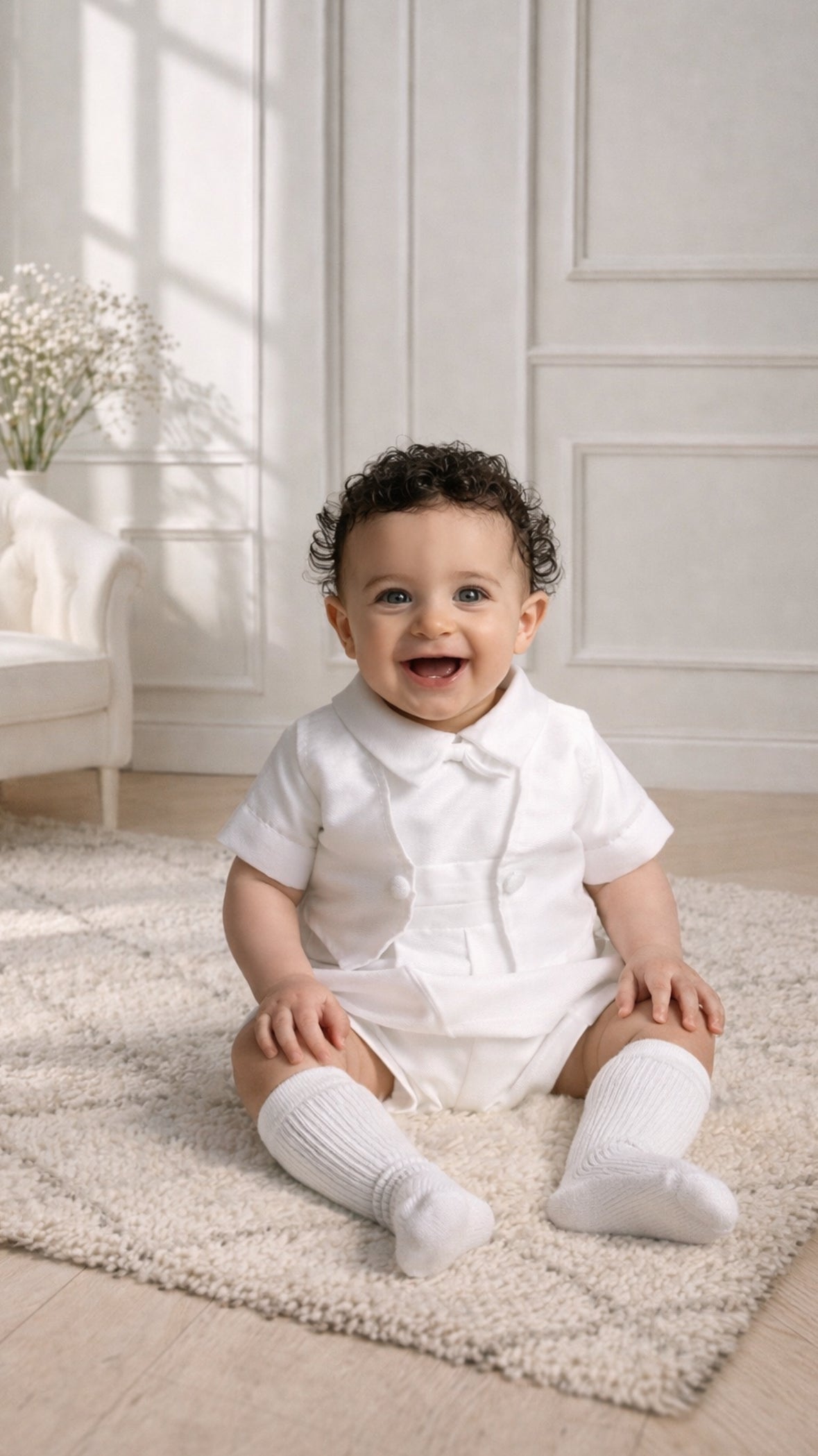 Baby Boys White Christening Romper & Hat