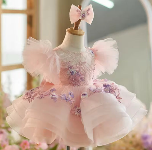 Girls Rose Pink Sequin Detail Organza Dress