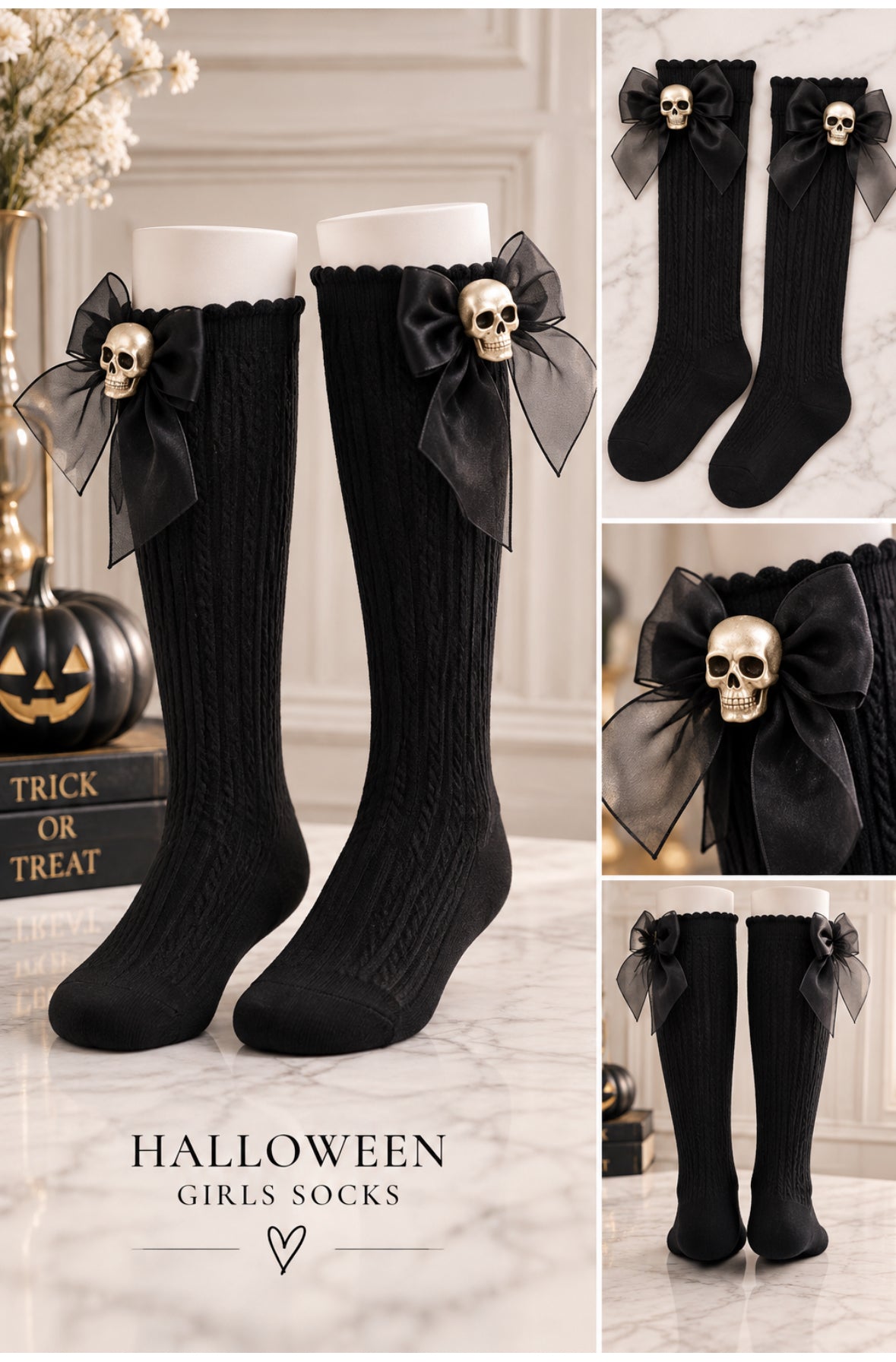 Wednesday Addams Inspired GirlsHalloween Dress, Lace Gloves & Skull Socks