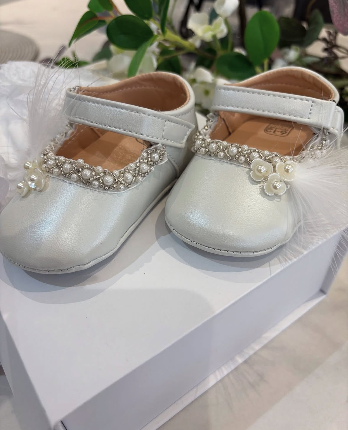 Luxury Pearl & Feather Baby Shoes – White