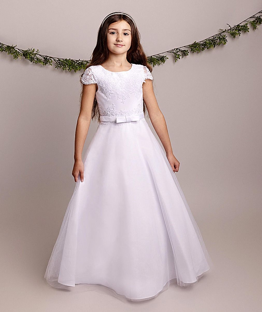 Holy Communion Dress Ages 7 -11 Years - White Satin & Lace Appliqué Bodice